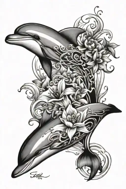 ocean waves & flowers & dolphin tattoo design idea