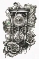 two small realistic crying eyes with an hourglass and money behind tattoo design idea