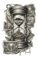 two small realistic crying eyes with an hourglass and money behind tattoo design idea