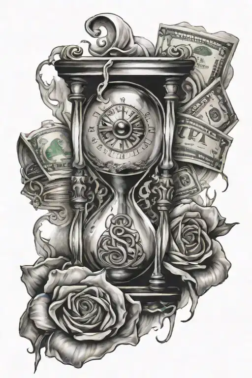 two small realistic crying eyes with an hourglass and money behind tattoo design idea