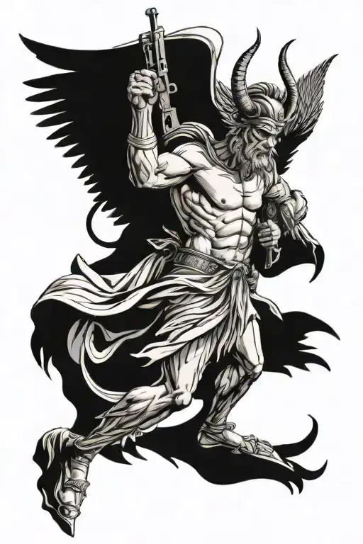 greek god with wings with AK-47 having a war with devil  tattoo design idea