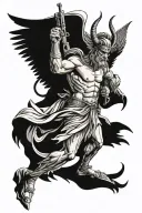 greek god with wings with AK-47 having a war with devil  tattoo design idea