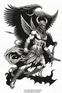 greek god with wings with AK-47 having a war with devil  tattoo design idea
