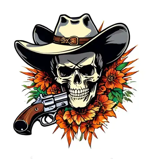 Skull cowboy with gun tattoo design idea