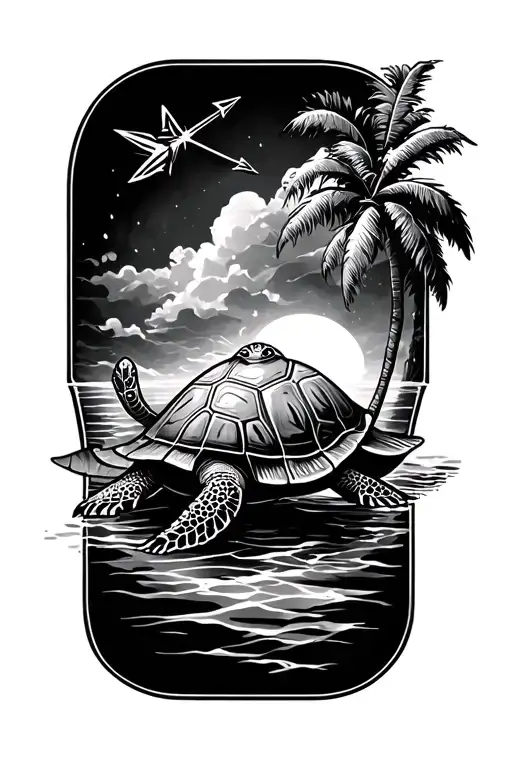 Ohana paired with Sagittarius arrow and hawaiian turtle with a palm tree on the top of the shell tattoo design idea