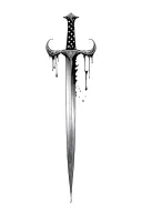 upward hilt blood dripping and tattered usa flag and sharp long blade tattoo design idea