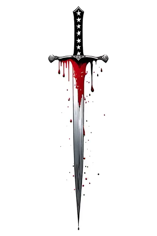 upward hilt blood dripping and tattered usa flag and sharp long blade tattoo design idea