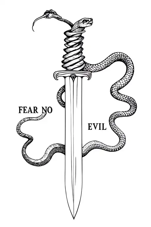 Dagger with snake coiling it and words saying "fear no evil". tattoo design idea