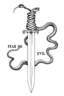 Dagger with snake coiling it and words saying "fear no evil". tattoo design idea