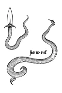 Dagger with snake coiling it and words saying "fear no evil". tattoo design idea
