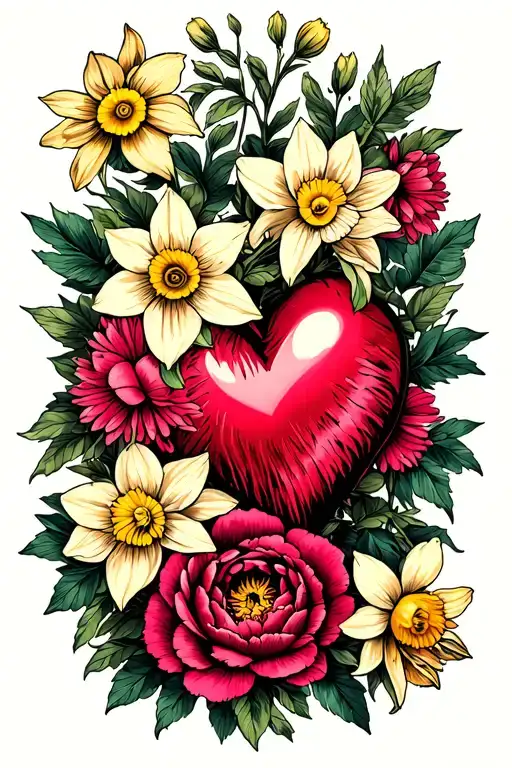 daffodil, rose, aster, & peony intertwined with a heart  tattoo design idea