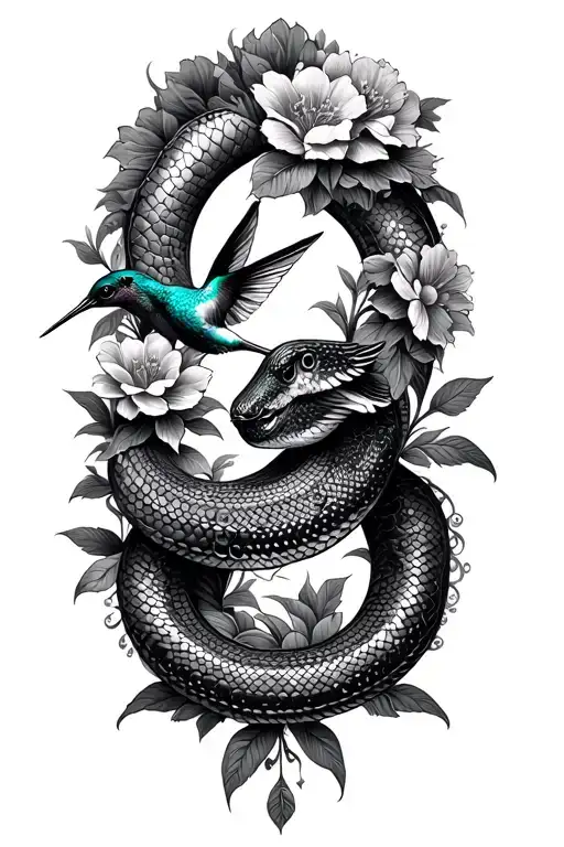 mandala design incorporating snake and flowers with hummingbird tattoo design idea