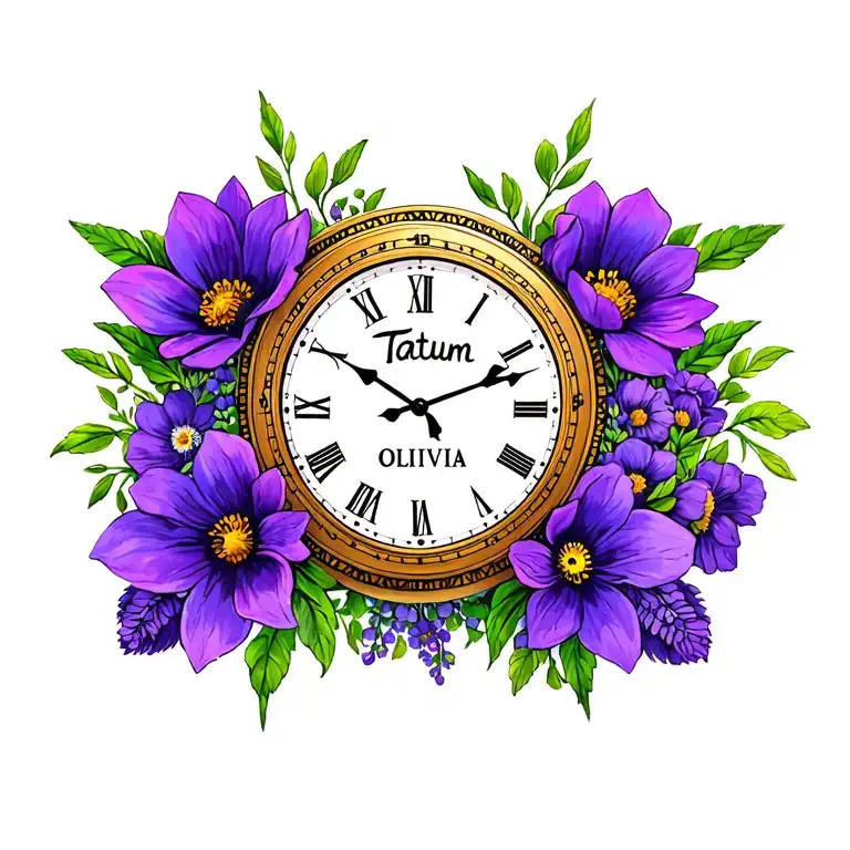 "Tatum Olivia" clock with purples flowers surrounding tattoo design idea