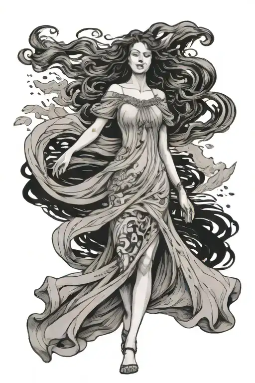 goddess like woman walking toward me on water in flowy dress tattoo design idea