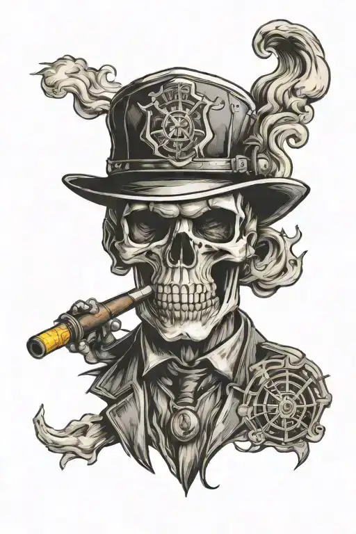 skull firefighter cigar tattoo design idea