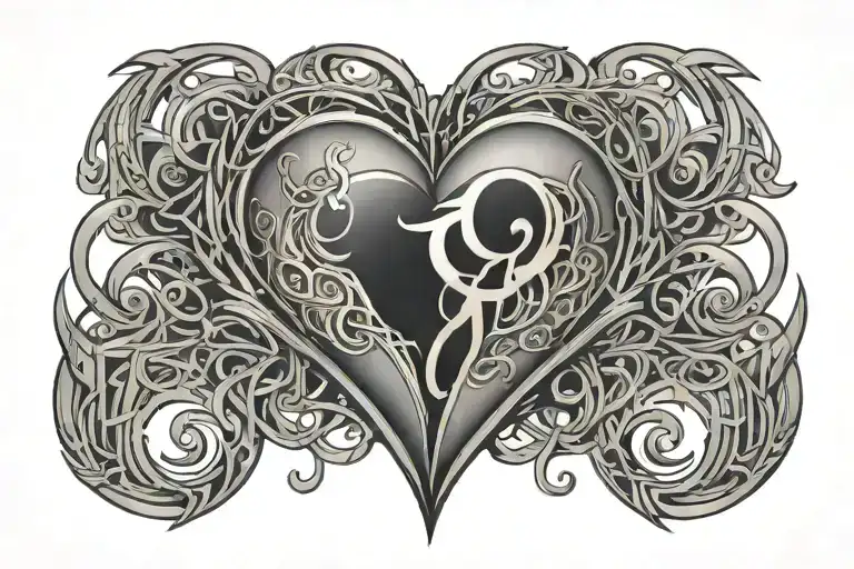 cyber sigilism lower back tattoo, with a heart in the middle and fine lines on the side tattoo design idea