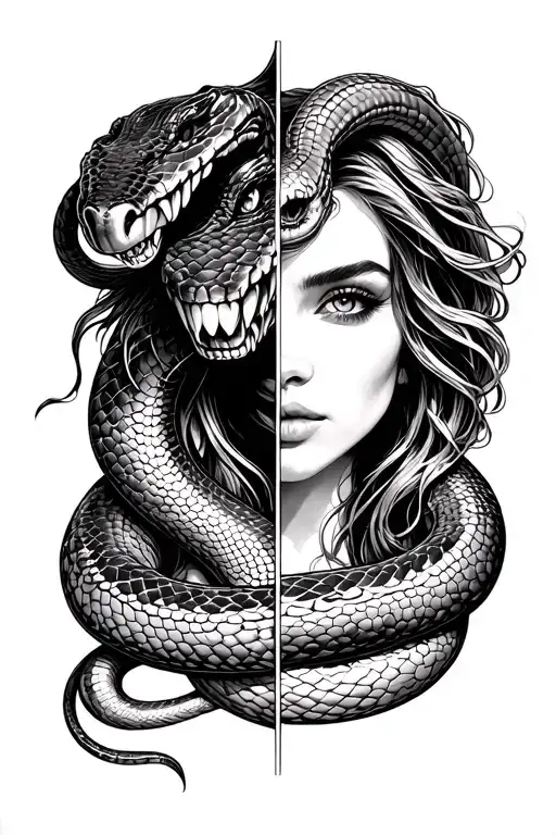 the cobra snake of a mustang shelby that surrounds half a female face that is located in a rectangle tattoo design idea