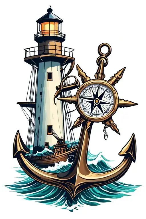 compass and ship anchor with lighthouse and scuba tanks tattoo design idea