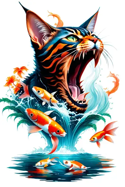 demon cat with long mouth open and a river flowing from mouth with koi fish and spirits in the river tattoo design idea