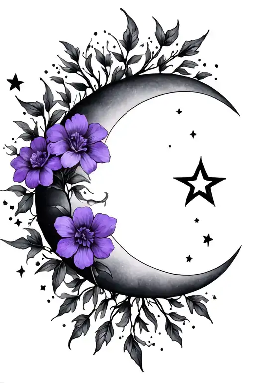 sun moon stars violet flower vines tattoo design idea