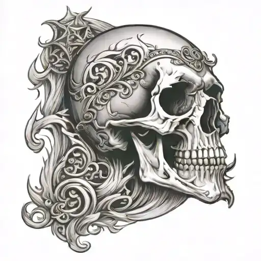 Skull with crone, flames coming tattoo design idea