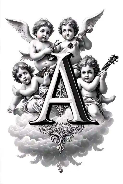Three cherubs surround an ornate Old English letter "A", resting on clouds and playing instruments in a classical compos tattoo design idea