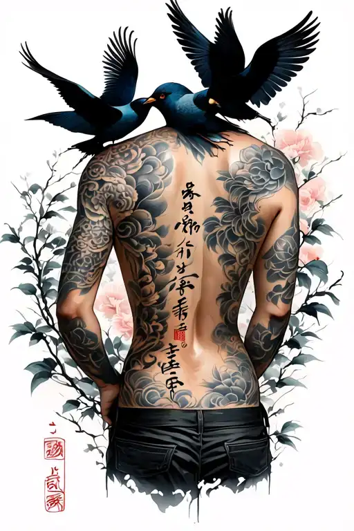 back tattoo with birds on the right shoulder and lower left back, Japanese script down the spine  tattoo design idea