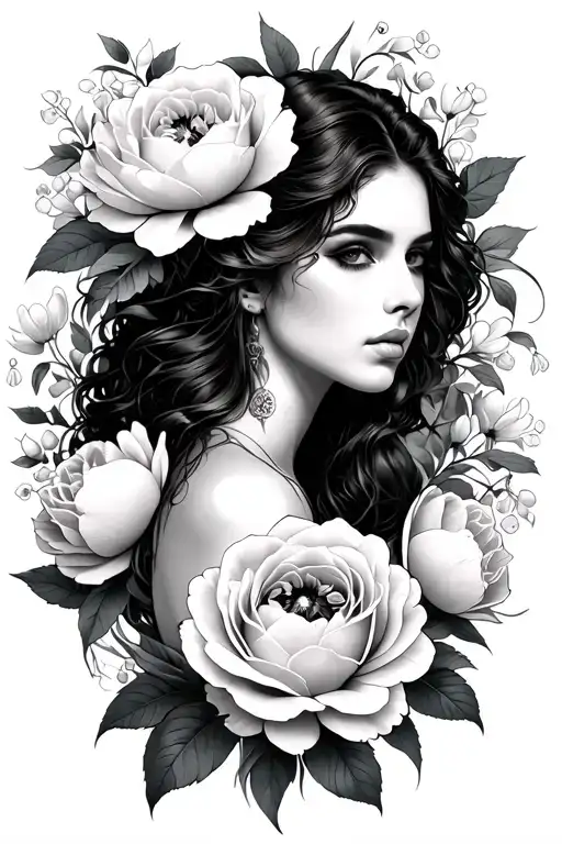 woman emerging from peonies, warrior, strength, rose, lilly of the valley, marigold, honey suckle, rose, daffodil tattoo design idea