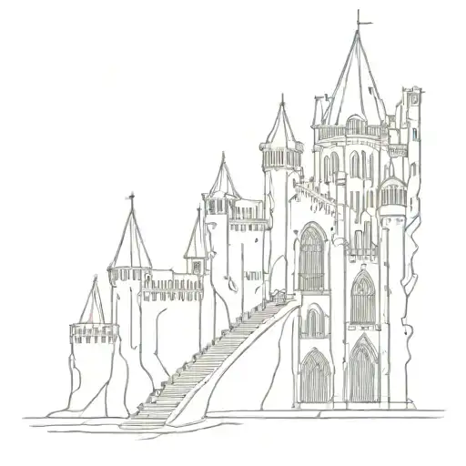 haotic gothic big castle cathedral hell curved distorted castle with blood with  roots and eoroghlips stair tattoo design idea