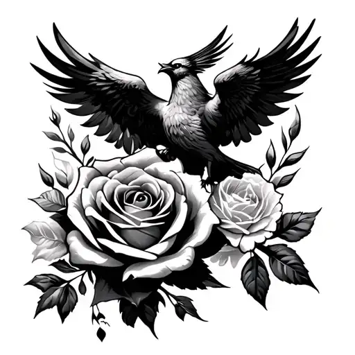 Black rose and bird Phoenix flying up tattoo design idea