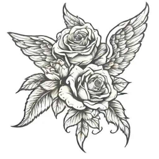 two roses with angel wings spread tattoo design idea