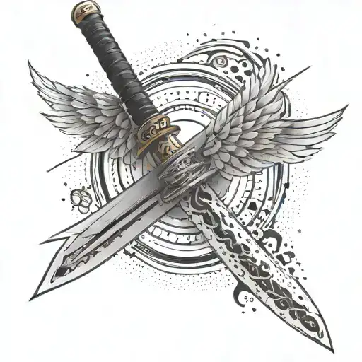 An anime-inspired design of a katana with wings exuding aura tattoo design idea