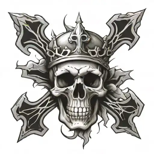 skull in a crown of thorns, praying hands with a cross tattoo design idea