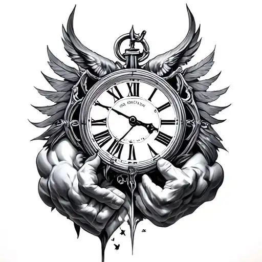 Ultra realistic black and grey tattoo design for a muscular arm, symbolic composition representing time, fate and streng tattoo design idea