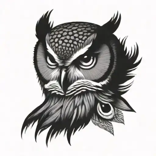 owl head with peacock feather turning tattoo design idea