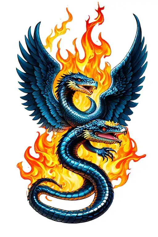 cobra with phoenix wings rising from flames tattoo design idea