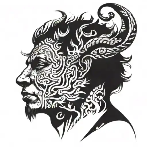 Central Figure: Dual-Faced Human/Beast Hybrid  A human with two contrasting halves: one side showing a wild, beast-like  tattoo design idea