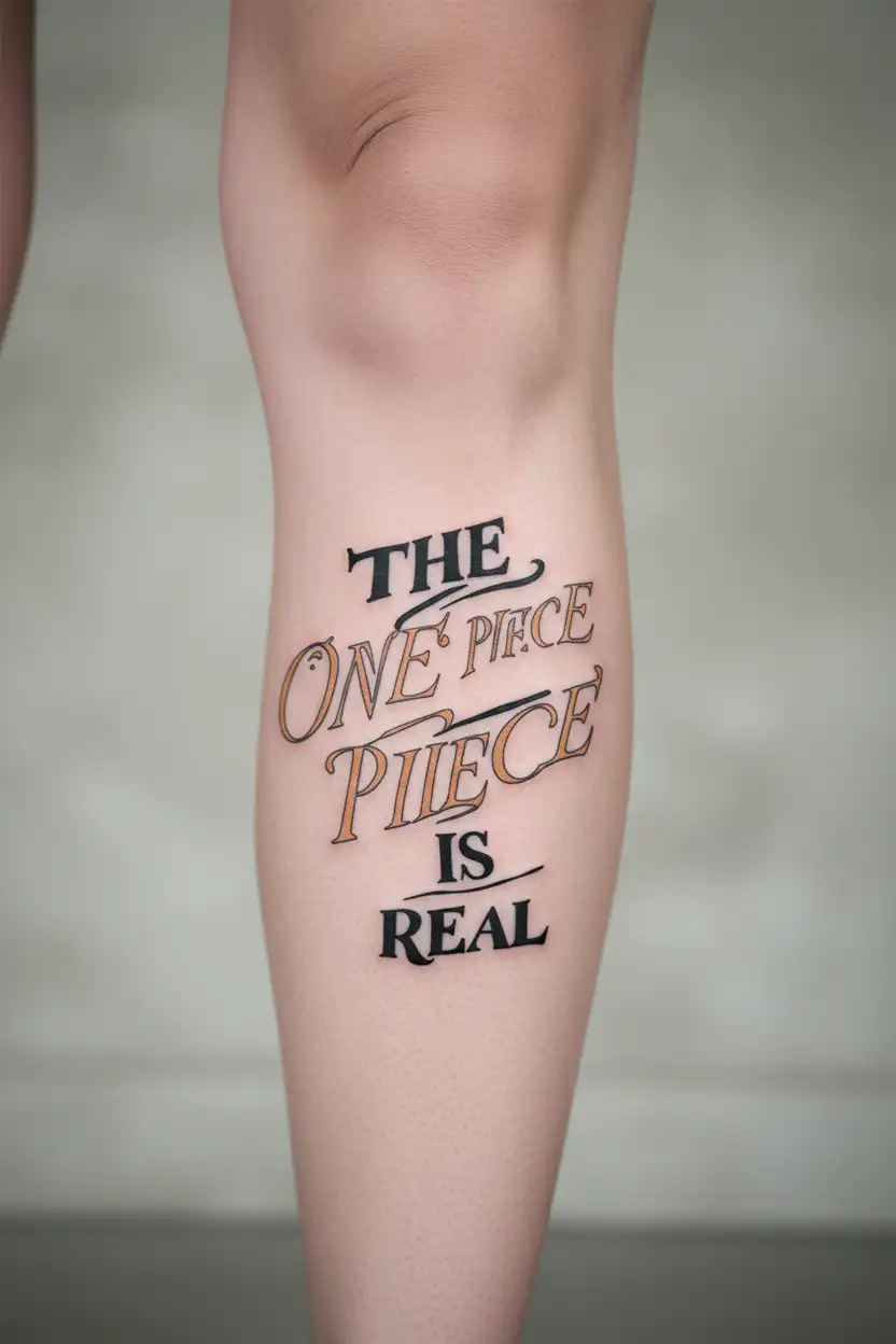One Piece Luffy Strawhat, saying in gold and Black words "THE ONE PIECE IS REAL" and in pirate style tattoo design idea