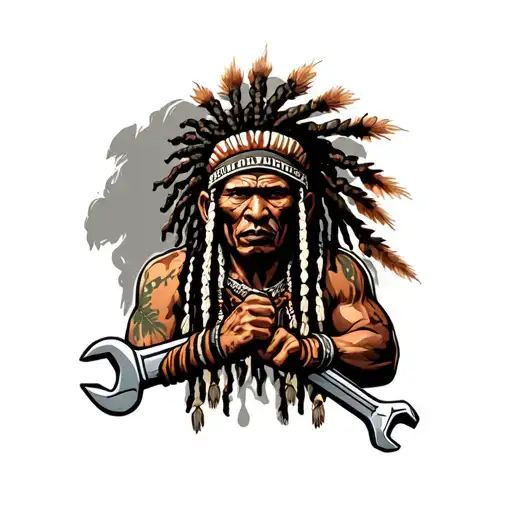 "Indigenous Plumbing " "Indigenous Plumbing " "Indigenous Plumbing " "Indigenous Plumbing " "Indigenous Plumbing " "Indigenous Plumbing " dread lock Native American holding a wrench tattoo design idea