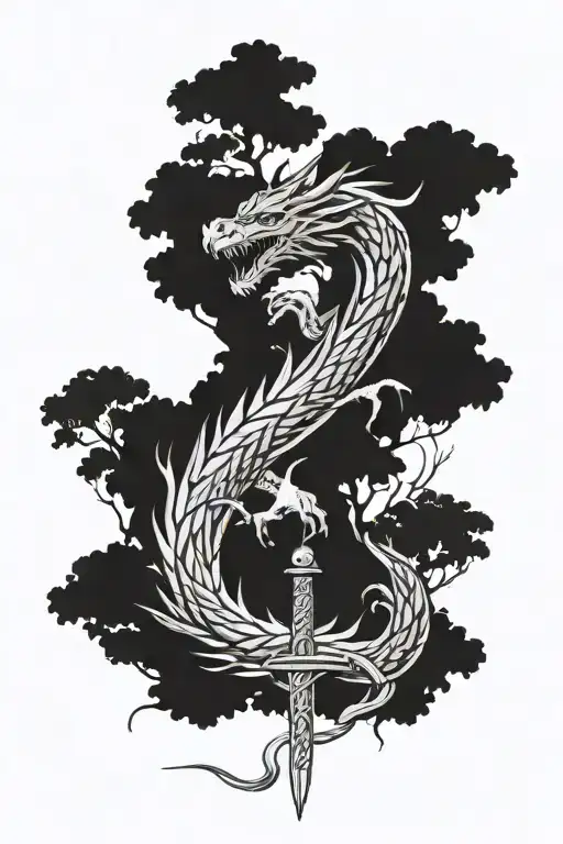 dragon sword willow tree fronds tattoo design idea