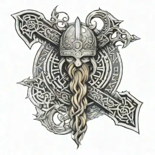 Viking tattoo with a vegvisir and its runes all around, elements like Thor's hammer, Viking axes, tattoo design idea