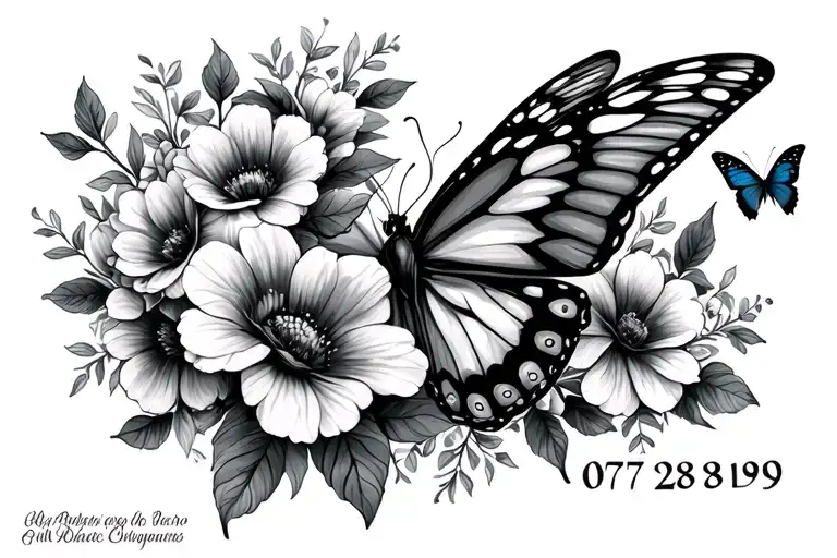flowers and butterflies with  07 28 1993 in roman numeral tattoo design idea