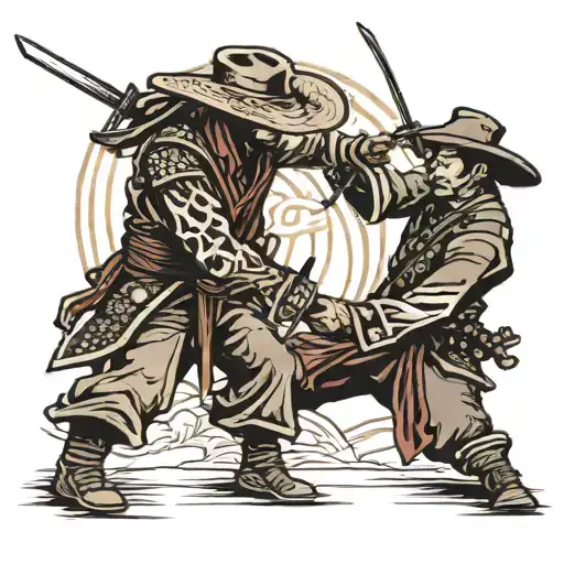 a cowboy dueling a samurai warrior tattoo design idea
