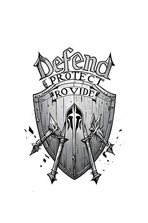 "Defend Protect Provide " spartan shield spears tattoo design idea