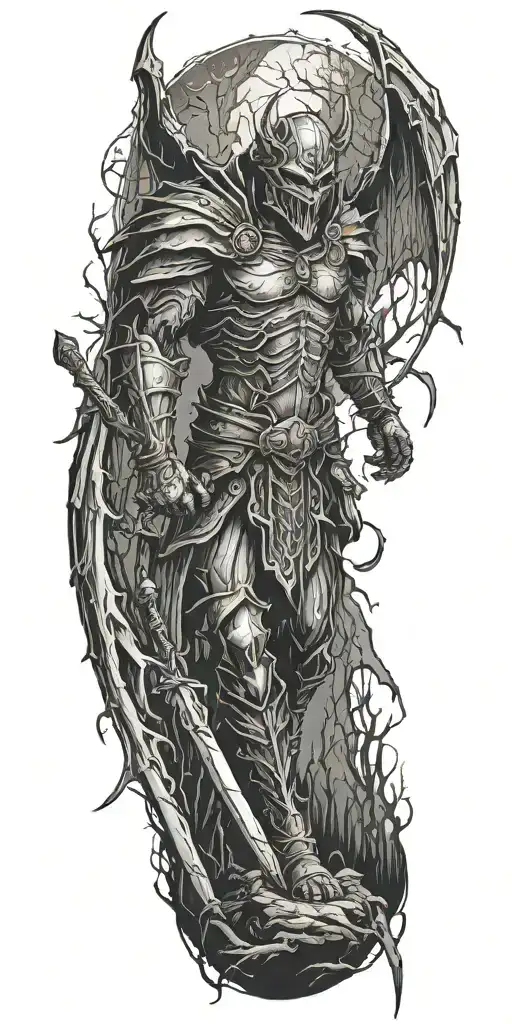 demon knight cutting off his wings in the woods  during dark night  tattoo design idea