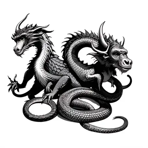 dragon,monkey,buffalo,snake without eyes, and each animal surround each other tattoo design idea