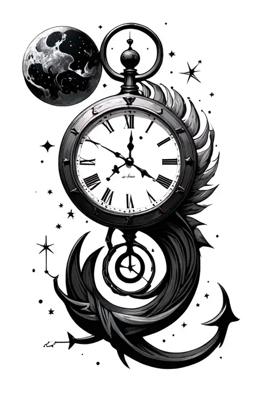 nautical clock, Aquarius constellation, tattoo design idea