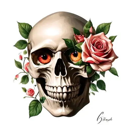 Skull looking up some, rose in eye scoket, rose in mouth, rose near ear area tattoo design idea