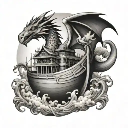 Noah's ark with dragon flying tattoo design idea