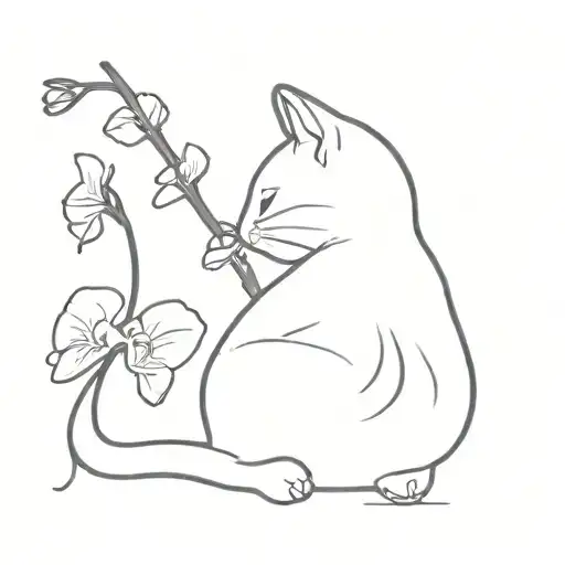 white kitten sits with its back down and sniffs an orchid branch, two black spots on its back near its tail tattoo design idea